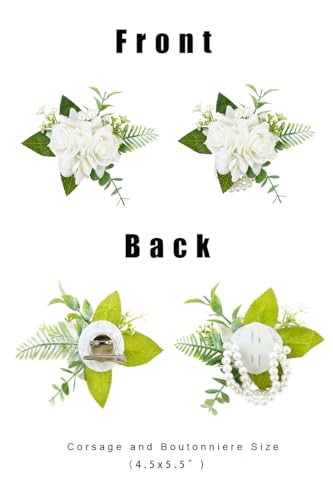 White Corsage and Boutonniere Set for Wedding Prom, Artificial Rose Flower Wrist Bracelets, Homecoming Corsage Wristlet, Boutonniere for Men Wedding Suit Decorations - color: White