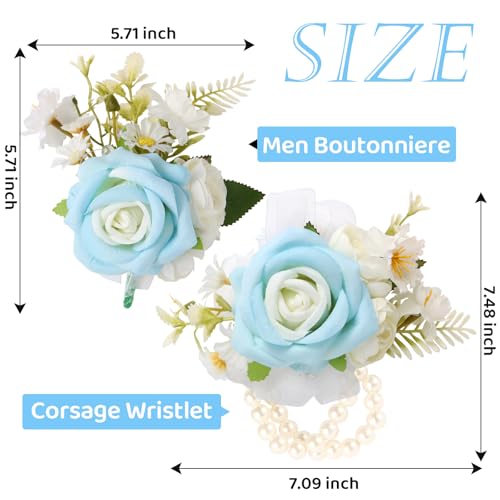 Wrist Corsage and Boutonniere Set, Artificial Rose Corsage Wristlet and Boutonniere for Wedding Prom Party (Light Blue 1 Boutonniere&1 Wrist Corsage) - color: Light Blue 1 Boutonniere&1 Wrist Corsage