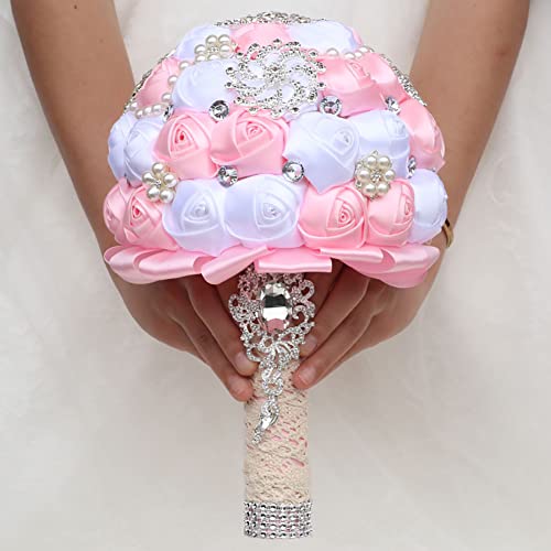 Sharebeauty 7.9 Inch Handmade Satin Rose Bridal Bouquet Toss Round Wedding Bouquet Throw Toss Artificial Flower Bunch Pink + White - color: W3217d16 Pink/White