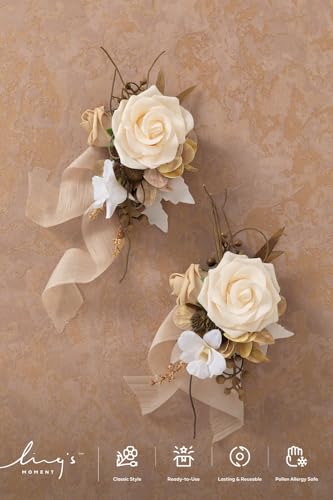 Ling's moment 2pcs Prom Wrist/Shoulder Corsage Artificial Flower, Girl/Mother Homecoming/Wedding Corsage Wristlet Décor, etc. Brown Beige - color: Brn-brown & Beige