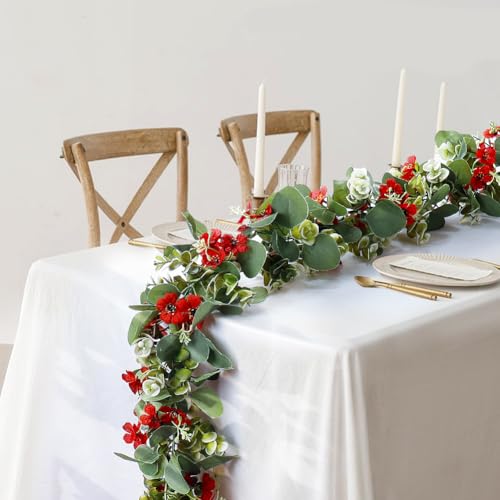 2Pack Eucalyptus Flower Garland with Violet 5.9Ft Artificial Ivy Greenery Hanging Vine Fake Ivy Floral Plants Garland for Wedding Outdoor Garden Party Background Table Runner, Total 11.8Ft, Red - color: Red Violet