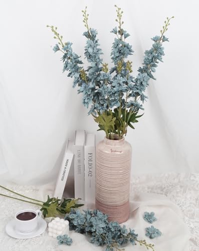 6PCS Dusty Blue Delphinium Artificial Flowers, 34.25" Long Stems Silk Larkspur Dusty Blue Flowers for Tall Vase Faux Delphinium for Wedding Centerpieces Home Decor Indoor - color: Dusty Blue