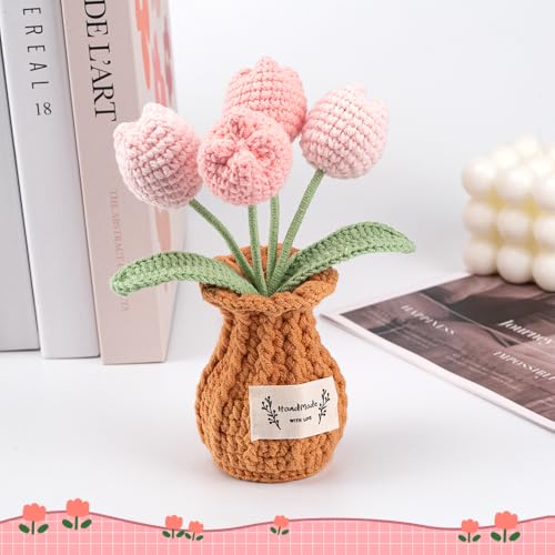Tulip Crochet Flower Plant, Small Cute Handmade Knitted Flowers with Vase, Small Crochet Potted Artificial Flower Plants for Desk Home Car Dashboard Office Decorations (Tulip-Pink) - color: Tulip-pink