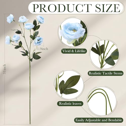 6 Pcs 32" Large Light Blue Artificial Peonies Stems Flowers, Real Look Faux Silk Peony Bouquet 42 Heads Total for Vase Filler, Farmhouse Rustic Neutral Home Decor, Wedding Centerpieces - color: Light Blue