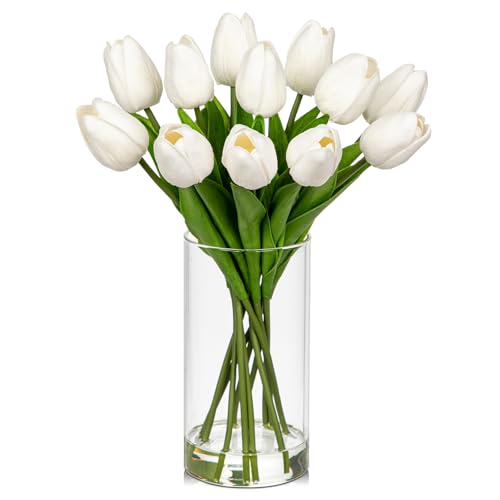 DILATATA 12 Pcs Artificial Real Touch Tulips Flowers in Glass Vase with Faux Water, Tulips Fake Arrangements White Tulips with Vase for Dining Table Home Decor Wedding Centerpieces - color: Cylindrical Vase/White/1 Set