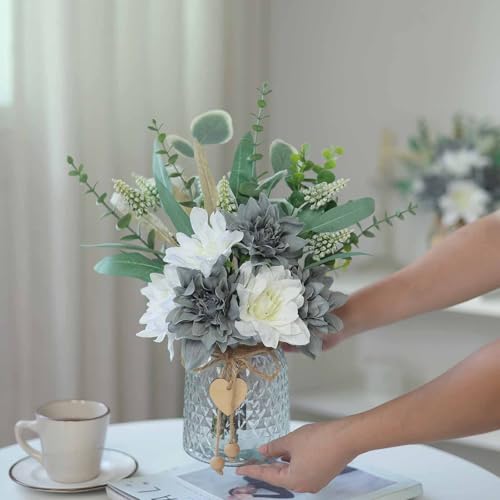 Faux Flowers with Vase,Artificial Silk Flowers in Vase, Fake Plant Eucalyptus and Willow,Flower Arrangement for Home Farmhouse kitchen Dining Table Centerpiece Decorations Table Decor (Grey Blue) - color: Grey Blue