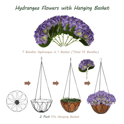 bellacat Real Touch Faux Hydrangea Flowers with 11" Hanging Basket, Fake Hanging Hydrangea Flowers with Realistic Flowers, Artificial Hanging Flowers for Outdoors Porch Patio Balcony (Purple, 2Pack) - color: Purple