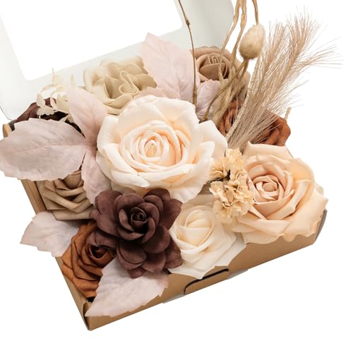 Ling's moment Fake Flowers Box, Faux Artificial Greenery Stems Foam Roses Gardenia Silk Peony Pampas Fabic Flower for Centerpieces Bouquet Wedding Vase Floral Decorations, Boho & Sepia, Mini Combo - color: Boho & Sepia