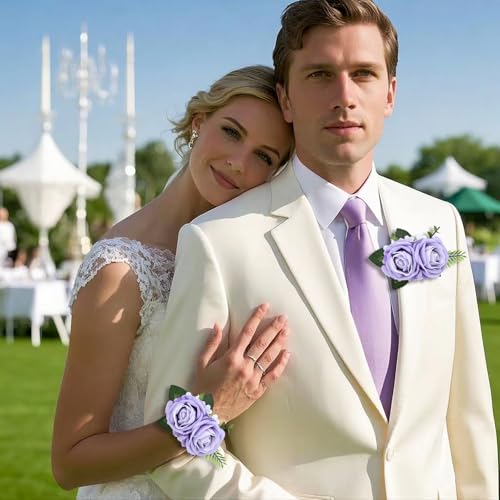 2Pcs Purple Rose Wrist Corsage and Men Boutonniere Set, Artificial Wristlet Band for Wedding Bride Bridesmaid Flowers Accessories Prom Party Groom Groomsmen Suit Decor - color: Purple
