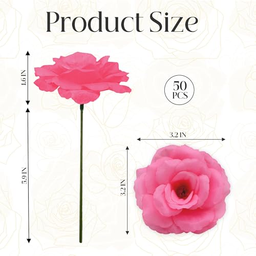 Rose Artificial Flowers, 50Pcs Hot Pink Roses Head Flowers Bulk with Stem, 3 Inches Silk Rose Fake Flower Head for Wedding Party Home Decor DIY Baby Shower Centerpieces Tables Decoration(Deep Pink) - color: Deep Pink
