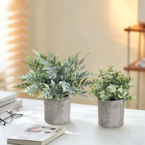 3 Pack Mini Potted Fake Plants Artificial Plastic Indoor Eucalyptus Plants for Home, Office, Desk, Bathroom, Coffee Table & Shelf (Green) - color: Green
