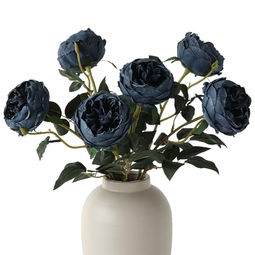 mizii 6Pcs Burnt Blue Artificial Roses Flowers Fake Silk Roses Flower with Long Stem for Wedding Decorations Table Centerpieces Flower Arrangement Home Decor (Burnt Blue) - color: Burnt Blue