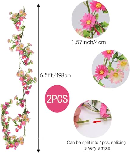 2 Pack Pink Flower Garland Daisy Flowers Silk Artificial Wildflower 13ft Wedding Floral Summer Garland Fake Hanging Vines for Party Decoration Wall Backdrop Table Runner Indoor Decor - color: Pink, size: 2pcs