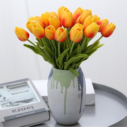 PU Real Touch Tulips Artificial Flowers 20Pcs Fake Flowers Arrangement Bouquet for Home Office Wedding Decoration (Orange) - color: Orange 20pcs