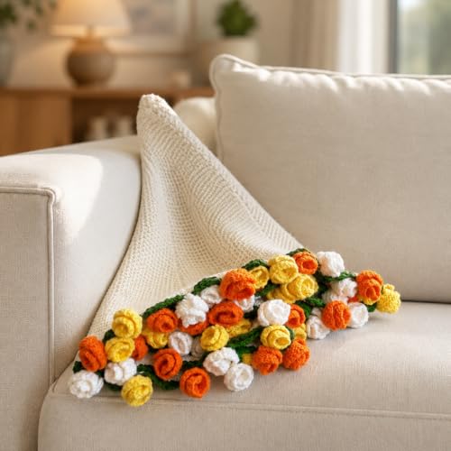 Crochet Flower Bouquet Throw Blanket, Cute Romantic Gift for Her Girlfriend Mom Mother’s Day Valentine Wedding Anniversary Birthday (Yellow, 32 inches) - color: Yellow, size: 32 inches