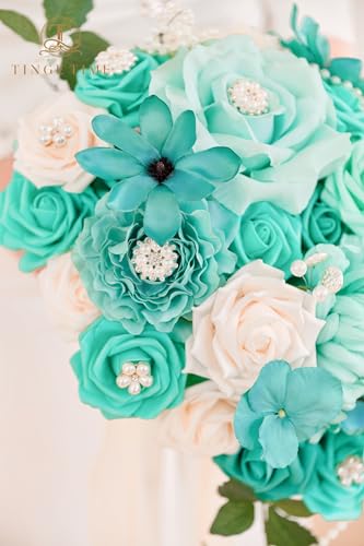 TINGE TIME 11 Inch Wedding Bouquets for Bride, Teal Green & Champagne Artificial Flowers Bouquet, Brides & Bridesmaids Bouquet for Wedding Anniversary Ceremony Bridal Shower Decorations - color: Teal Green & Champange