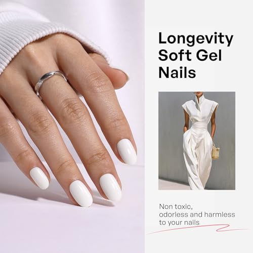32Pcs Soft Gel Press on Nails for Women, Solid All White, Short Oval | Solid Color Glossy False Fake Nails Press Ons for Office Daily Wear, Salon Quality Reusable Glue & Stick on Nail Gift Kit - color: 5K-Solid All White