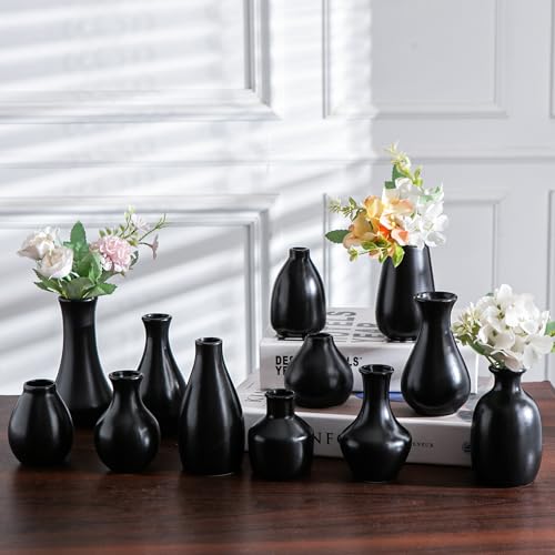 Black Ceramic Bud Vase Set of 12 Glossy Modern Flower Vases | Elegant mini ceramic vases for home decor, wedding centerpieces, dining tables, shelves and modern interior styling - color: Black - 12 Pcs