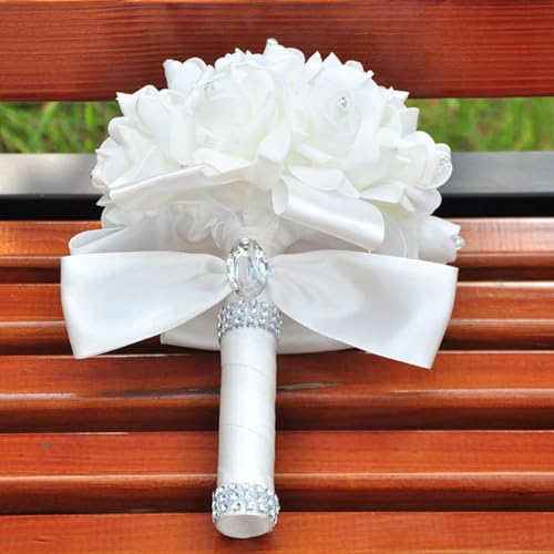 Wedding Bouquets for Bride, Bridal Flowers for Wedding, Bride Bridesmaid Hand Flowers Bridal Bouquet Crystal Diamond Silk Roses, Artificial Flowers Bouquet for Church Wedding Party (White) - color: White