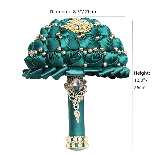 Emerald Green Bridal Wedding Bouquet Luxury Gold Rhinestone Brooch Bouquet for Bride Bridesmaid Quinceanera Satin Rose Artificial Flower Bouquet Wedding Emerald Green 8.3in - color: Dark Green, size: Diameter: 8.3 inches