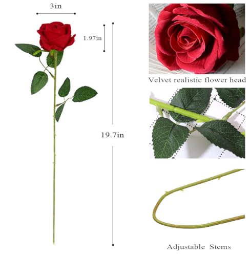 Jasion 50PCS Artificial Roses Realistic Velvet Silk Faux Flowers Bouquet for Mother's Day Wedding Home Party Table Centerpieces Decoration (Red) - color: Red 50pcs