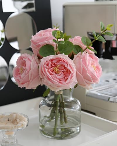 CHASMILE Artificial Flowers with Pink Roses in Vase, Lifelike Fake Flowers in Vase, Faux Flower Arrangements for Dining Table Centerpiece Decor, Table Centerpieces for Dining Room - color: Pink Simulated Rose With Vase