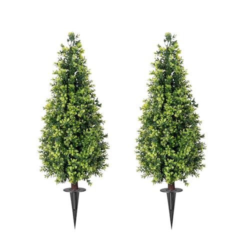 2 Pack Artificial Boxwood Topiary Trees with Ground Spike, 2FT UV Resistant Fake Shrubs Plants, Fake Evergreen Artificial Plant Brush for Indoor Outdoor Front Porch Garden - color: Boxwood-2
