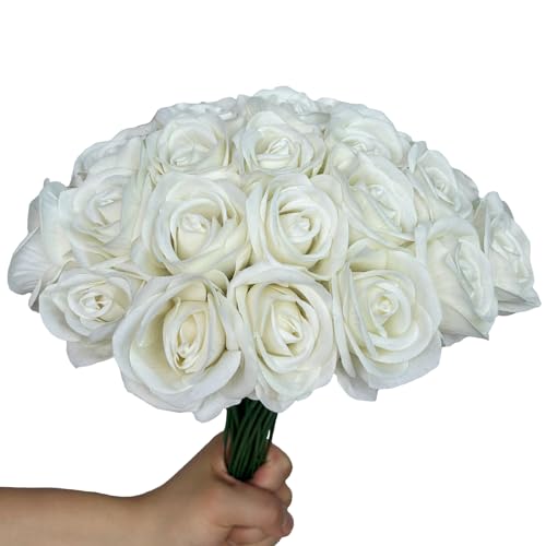 FagusHome 30 Pcs Silk Rose Artificial Flowers Roses Bulk Bouquet Fake Flowers Rose Heads with Stems for Home Wedding Decor (White) - color: White