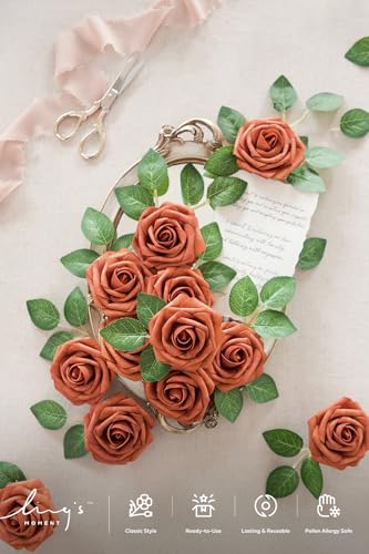 Ling's moment Fall Artificial Flowers 25Pcs Burnt Orange Roses Decor w/Stems,3" DIY Foam Floral for Wedding Bouquet/Centerpieces, Outdoors Party Backdrop, Room/Table, and Garden/Pot Decor - color: Or- Burnt Orange, size: 25Pcs