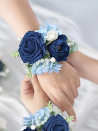 Rinlong 2Pcs Navy Blue Wrist Corsage for Wedding, Prom, Homecoming | Bridesmaid, Mother of the Bride Corsage - color: 08-navy Blue Rose
