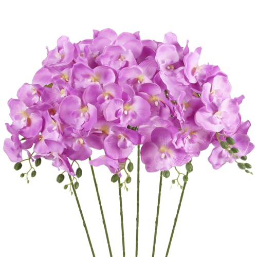 Purple Orchids Artificial Flowers 6PCS Silk Orchids 35" Fake Orchid Stems Artificial Orchids that Look Real for Wedding Home Table Centerpieces Decor(Purple) - color: Purple