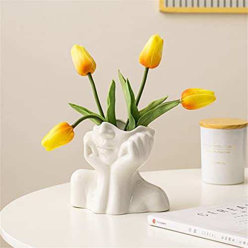 Ceramic Face Vase, White Flower Vases for Decor Female Form Head Half Body Vase Boho Unique Decorative Modern Style for Home Living Room Office Book Shelf (Medium) - color: A(medium)