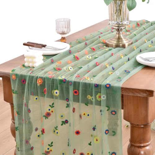 Joanlody 3pcs Sage Green Embroidery Daisy Spring Summer Table Runner Florals Seasonal Tulle Table Runner for Home Garden Tea Party Holiday Birthday Decoration - color: Sage Green, size: 10ft x 3pack