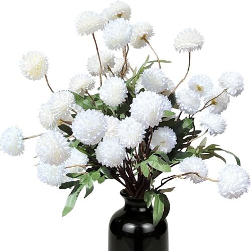 Kinisty 8 Pcs Artificial Flowers White Beige Faux Silk Pompon Mums, 20" Long Stem Fake Chrysanthemum Bouquet for Vase Farmhouse Home Decor, Wedding Centerpiece - color: Beige and White
