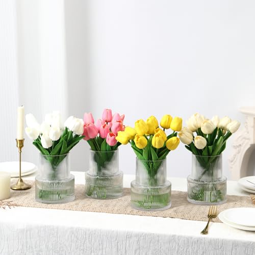 Ribbed Glass Vases, Set of 4 Small Vases for Flowers, Clear Glass Vase for Tulips, Modern Vase for Living Room, Kitchen, Office, Entryway, Bookshelf, Wedding Gifts, Birthday, 6 Inches - color: Clear, size: Ribbed 6 Inches (4-Pack)