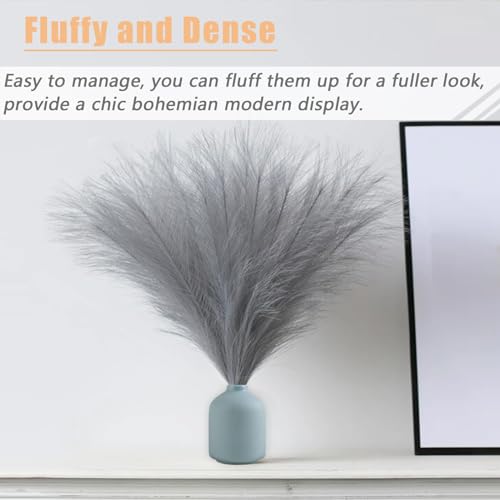 10 Stems Faux Pampas Grass - 17.7" Artificial Pampas Grass Decor Fluffy Small Pampas Flower Arrangement and Vase Filler for Boho Home Wedding Mothers Day Decoration（Grey） - color: Grey