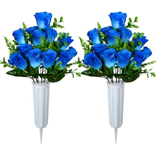 XONOR Artificial Cemetery Flowers, Set of 2 Artificial Rose Bouquet Grave Memorial Flowers with Vase for Cemetery Headstones Decoration (Blue) - color: Blue