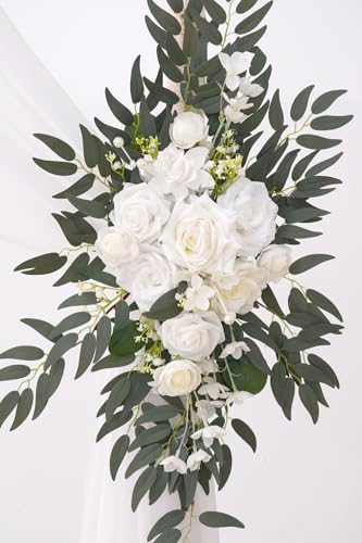 Deluxe Wedding Arch Flowers with Drapes Kit Pack of 4, 2pcs White Sage Hanging Silk Flowers Arrangement 2pcs Chiffon Drapes for Ceremony Arbor Party Outdoor Decor - color: White & Ivory