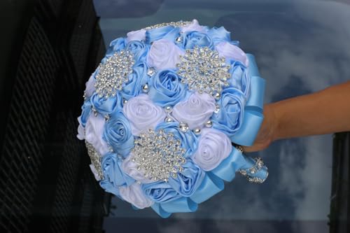 Light Blue and White Bridal Wedding Bouquet with Bling Snowflake Brooch Rhinestone Pearl Satin Rose Flower Bouquet for Bride Bridesmaid Quinceanera Wedding Light Blue and White 6.3in - color: Light Blue & White(silver Snowflake), size: Diameter: 6.3 inche