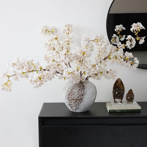 mizii 3Pcs Artificial White Cherry Blossom Branches 40" Fake Silk Cherry Blossoms Flowers with Long Stem for Wedding Decorations Table Centerpieces Vase Arrangement Home Decor (White) - color: White