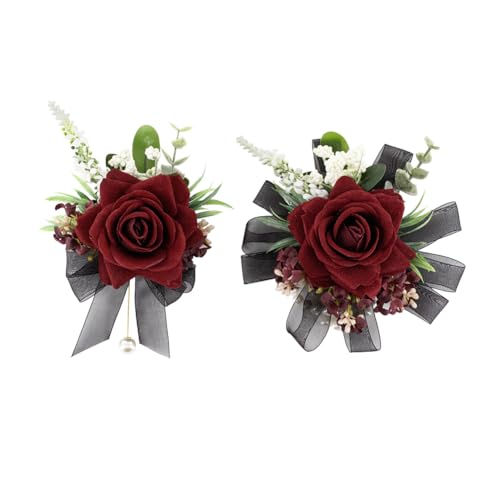 Burgundy & Black Corsage and Boutonniere Set, Corsage Wristlet for Women and Boutonniere for Wedding Prom Homecoming, Artificial Rose Flowers Boutonniere and Wrist Corsage - color: Burgundy & Black