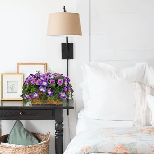 Briful Fake Floral Centerpieces for Tables Artificial Potted Morning Glory Silk Flowers with Woven Rattan Basket Faux Flower Arrangement for Home Office Room Shelf Kitchen Decor(Lavender Purple) - color: Lavender Purple