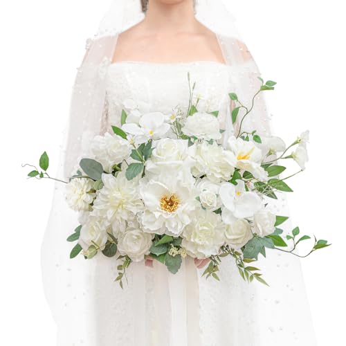 TINGE TIME 13 Inch Wedding Bouquets for Bride,Bridal Bouquet for Bride, Artificial Silk Flowers for Wedding Ceremony and Anniversary (IvoryWhite) - color: Ivorywhite