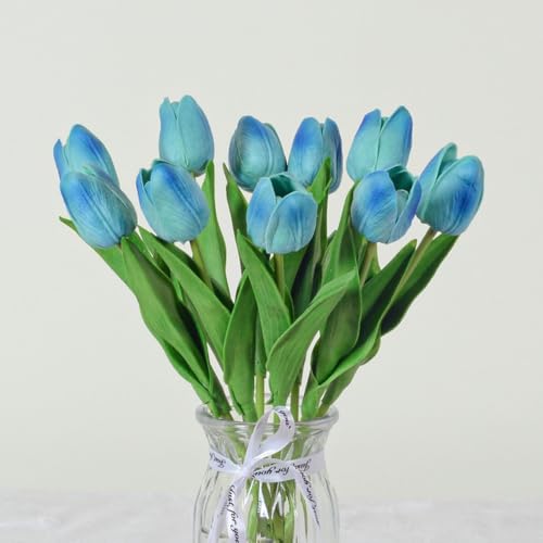 Artificial Flowers Tulips Fake Flowers Real Touch Latex Tulips Faux Flowers Bouquet for Wedding Party Arrangements Home Decor and Baby Shower Centerpieces (10, Light Blue) - color: Light Blue