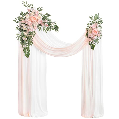 Ling's Moment Pink White Artificial Wedding Arch Flowers Kit Pack of 4, 2pcs Hanging Flower Arrangement 2pcs Chiffon Drapes Ceremony Reception Silk Rose Arbor Backdrop Floral Garden Outdoor Decoration - color: Pk-blush & Cream