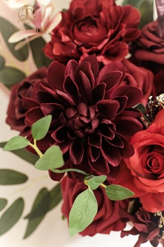 TINGE TIME 11 Inch Wedding Bouquets for Bride, Burgundy Artificial Flowers Bouquet, Brides & Bridesmaids Bouquet Tossing Bouquet for Wedding Anniversary Ceremony Bridal Shower Decorations - color: Burgundy Red