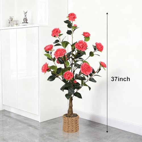2Pack Artificial Camellia Tree, 3Ft Faux Pink Camellia Plant in Pot, Fake Outdoor Tree Camellia Flower Tree for Home Office Living Room Floor Indoor Decor - color: Pink