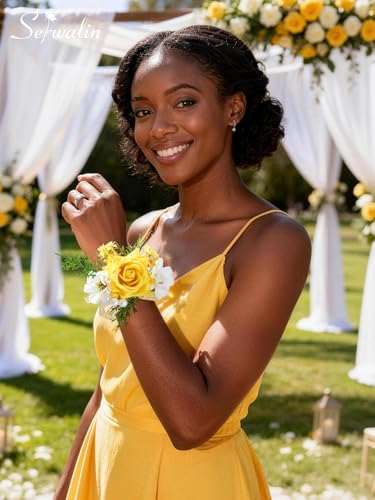 Serwalin 6 PCS Yellow Wrist Corsage for Wedding, Artificial Silk Rose Flower Corsage Wristlet Décor for Prom Homecoming Party, Prom Corsage for Bride Bridesmaids Mothers of the Bride and Groom - color: Yellow, size: Corsage 6pcs