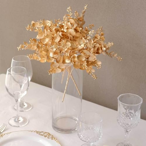 Efavormart 4 Pack 12 inch Metallic Gold Artificial Eucalyptus Leaves Bushes, Faux Spray Plant Vase Fillers for Small Vessels and Intimate Table Settings - color: Type19