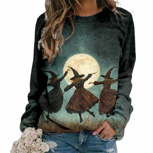 MARSVOVO Witch Sweatshirts For Women Novelty Halloween Witch Print Spooky Season Fashion Party Long Sleeve Fall Tops - color: A Color, size: Small
